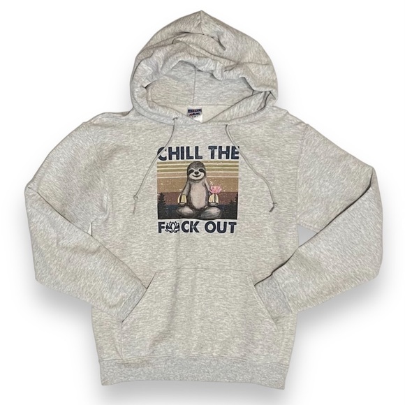 Chill The F*CK Out Hoodie Sweatshirt Heather Gray Small Namaste Yoga Sloth Lotus - Picture 1 of 11